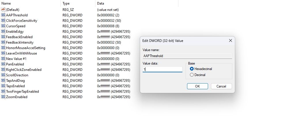 Value data section in the Registry Editor