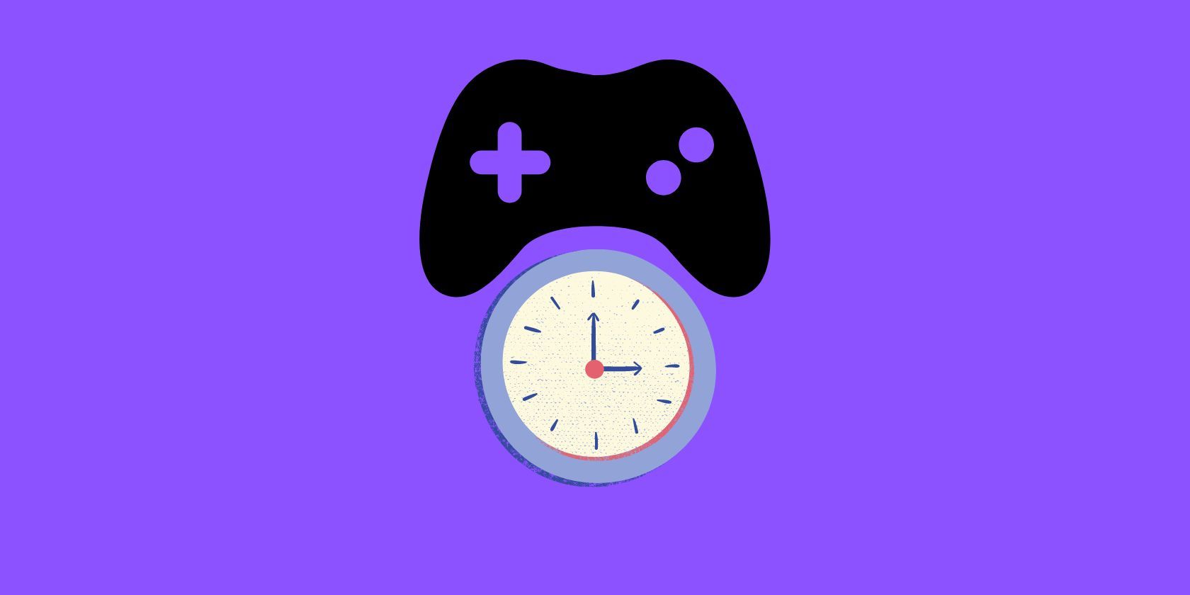 A video game controller vector with a clock illustration underneath on a purple background