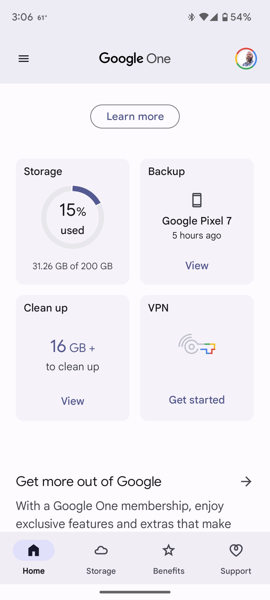The main screen of Google One, with the Get Started option for VPN by Google One