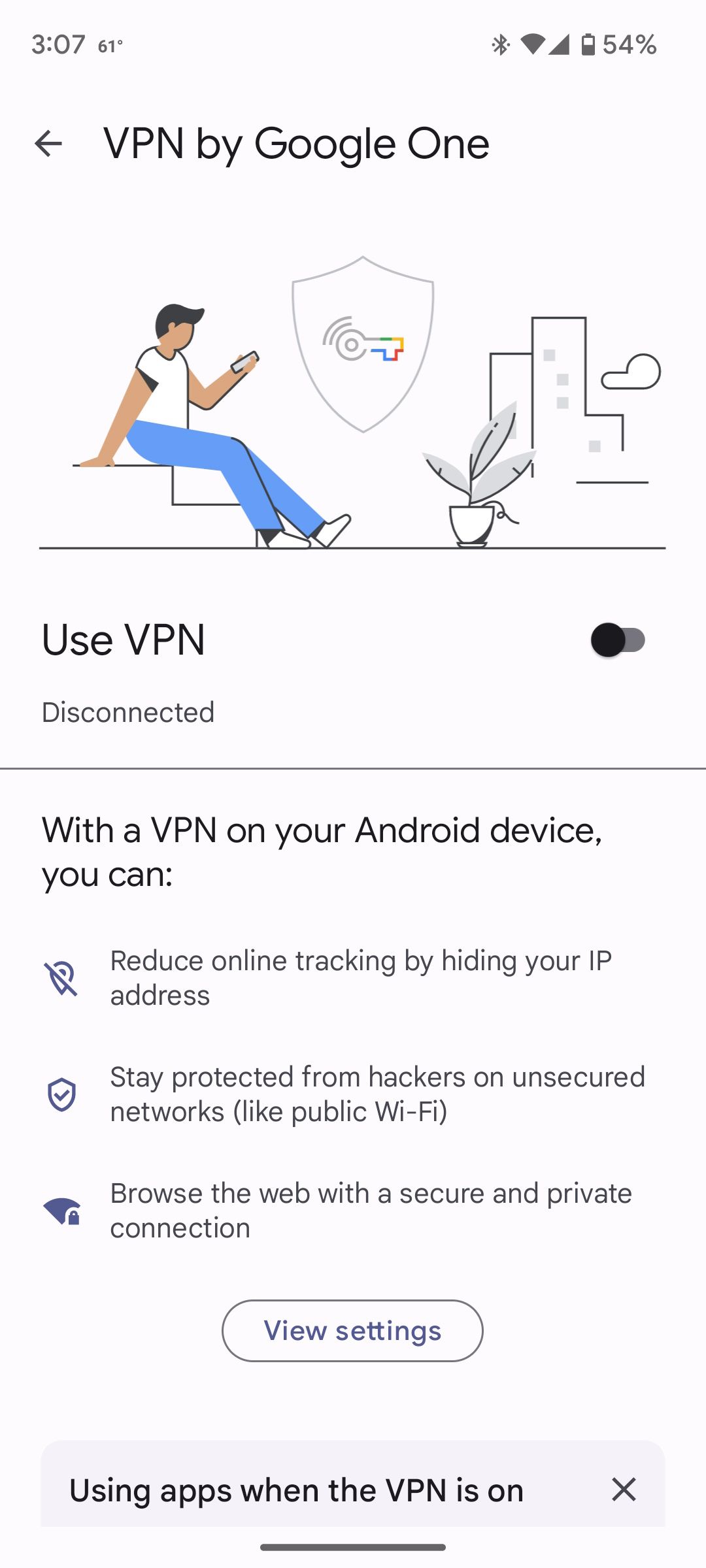 The main screen in VPN by Google One