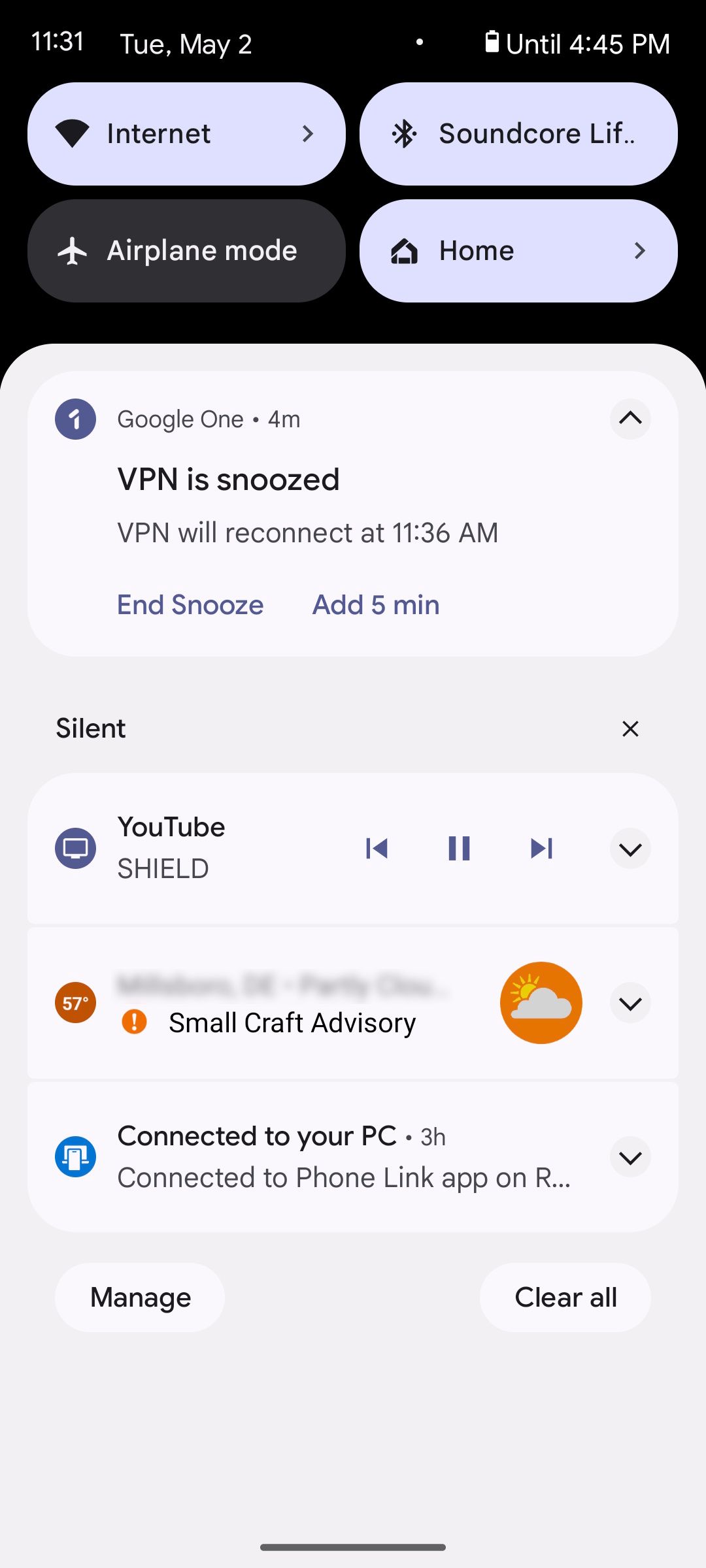 Snoozing VPN by Google One