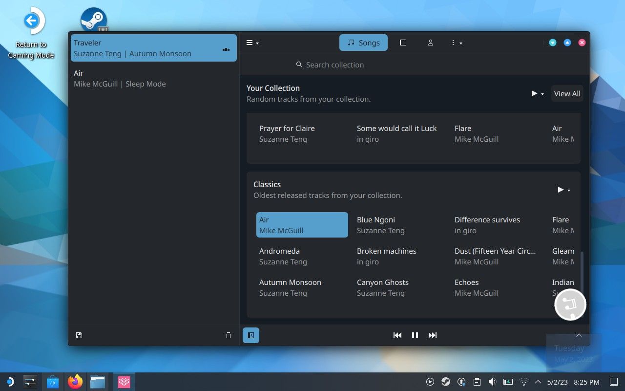 Vvave music player that displays songs on a Steam Deck.