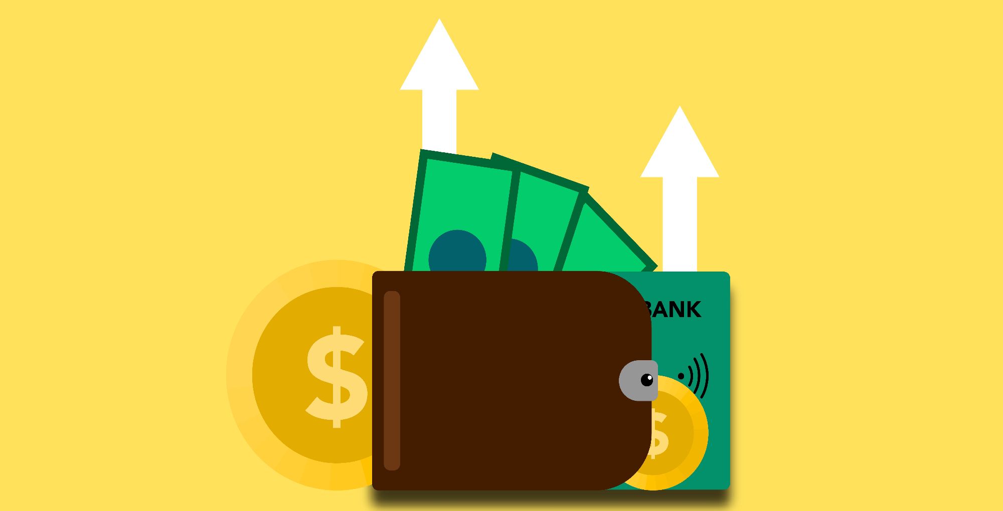 digital graphic of wallet, credit card, money, and upward arrows on yellow background