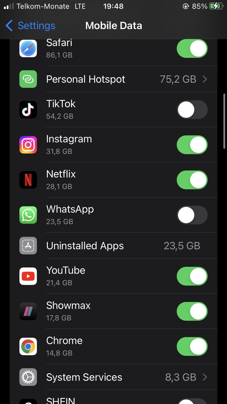 Mobile data settings on iPhone