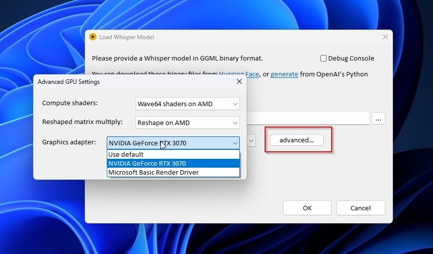 Whisper Desktop Advanced Options Changing Graphics Adapter