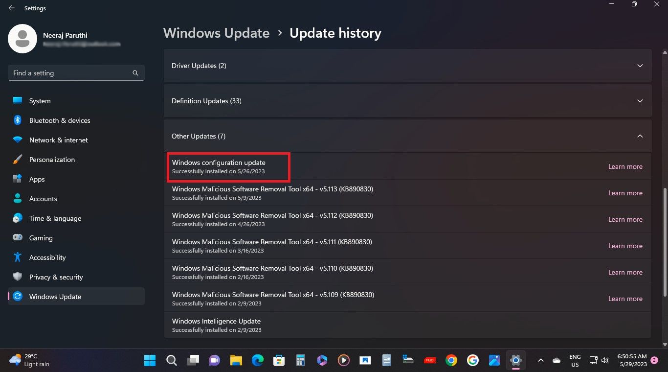 Atualização de configuração do Windows na página de histórico de atualizações