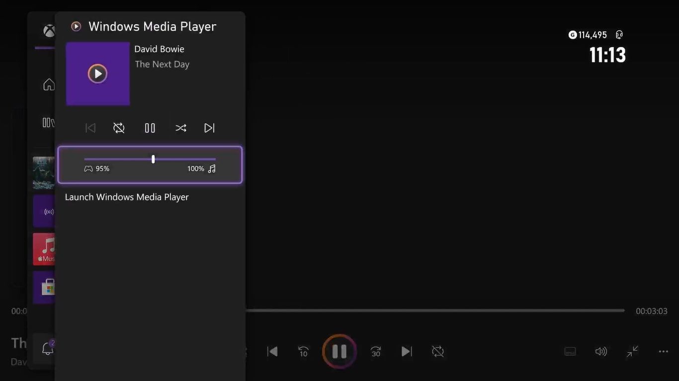 A screenshot of Windows Media Player playing a CD through the guide menu of an Xbox Series X 