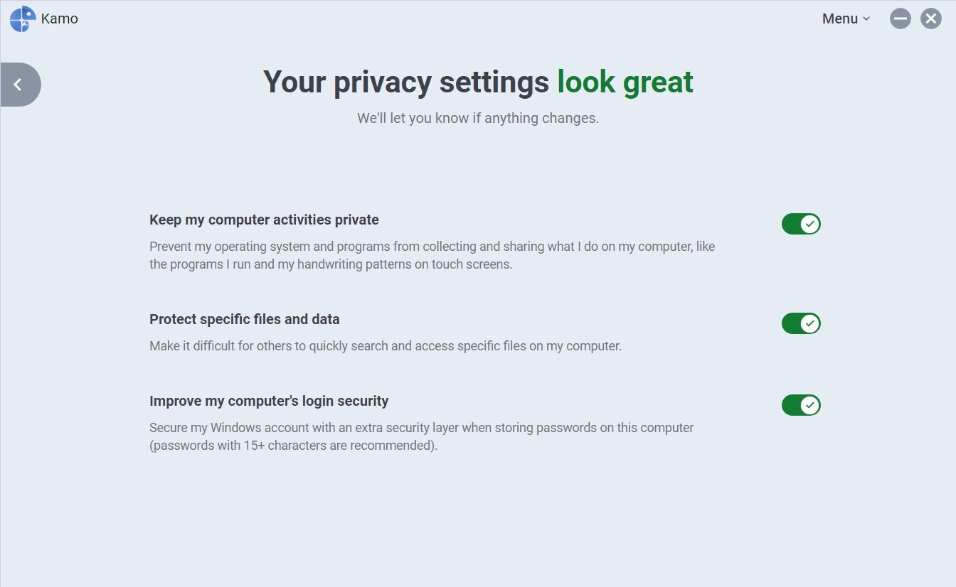 Kamo's Windows privacy settings