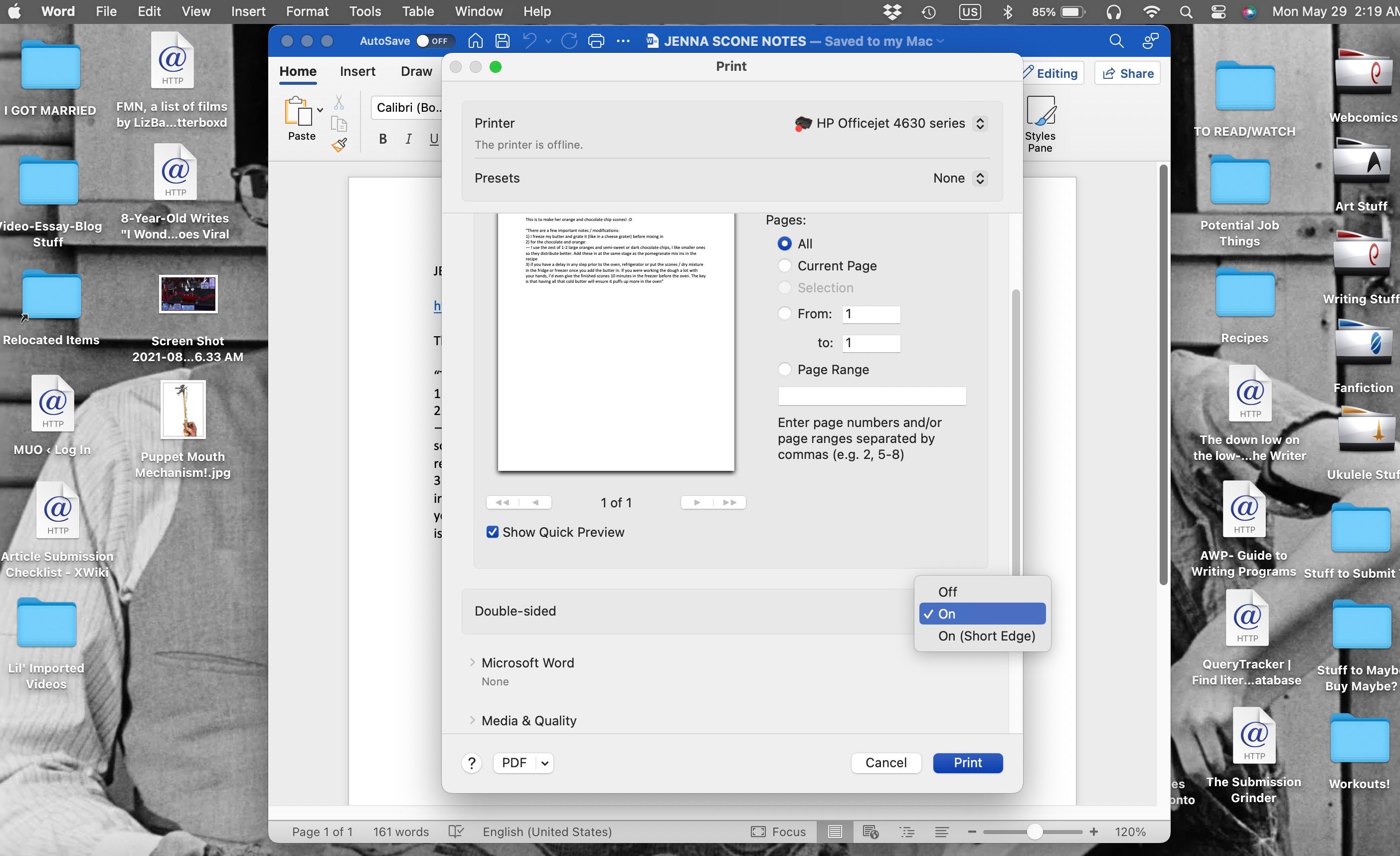 Word for Mac Print menu open with double-sided dropdown selections visible
