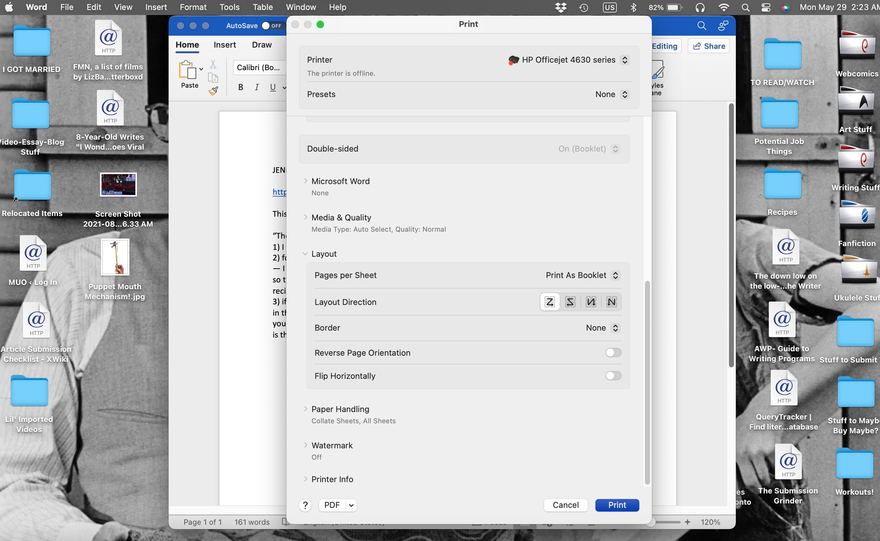 Word for Mac Print menu Layout options open and set to Print As Booklet