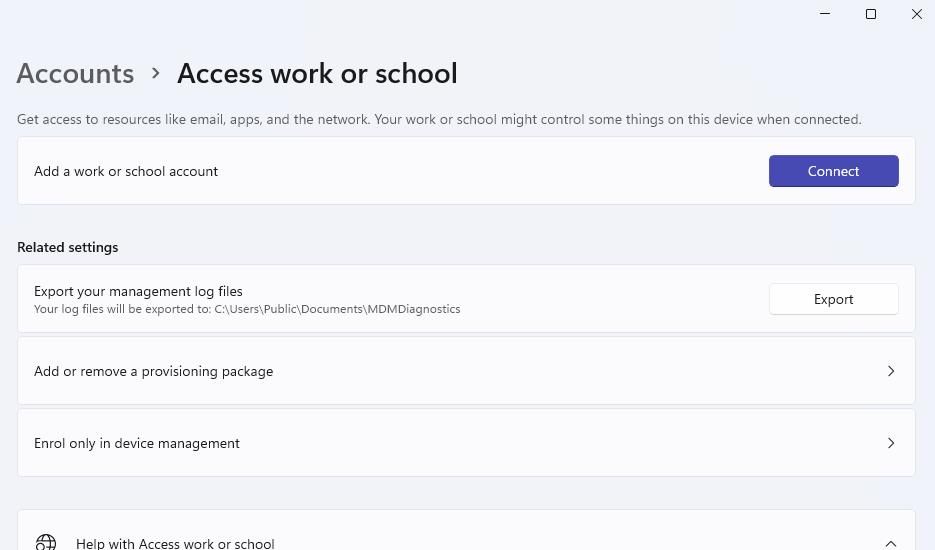 The Access work or school account settings