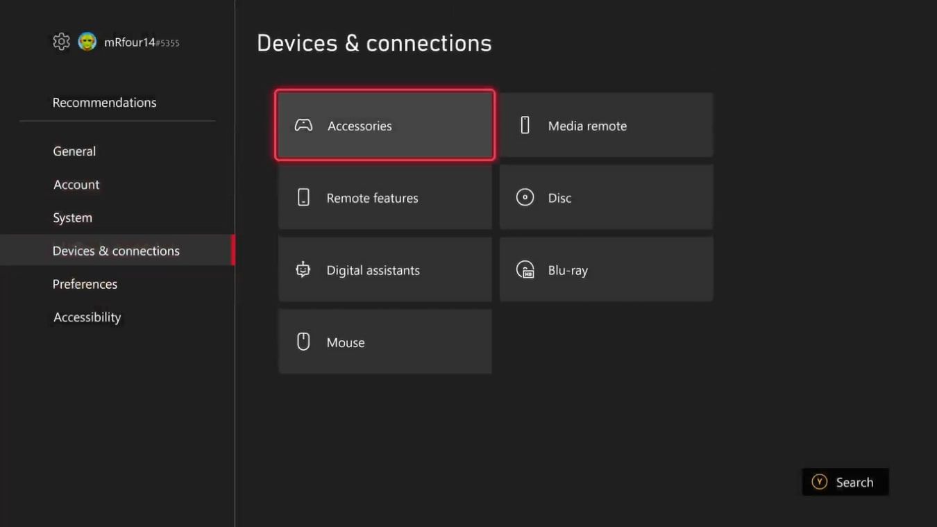 A screenshot of the available options for Devices and Connections on Xbox Series X with Accessories highlighted 