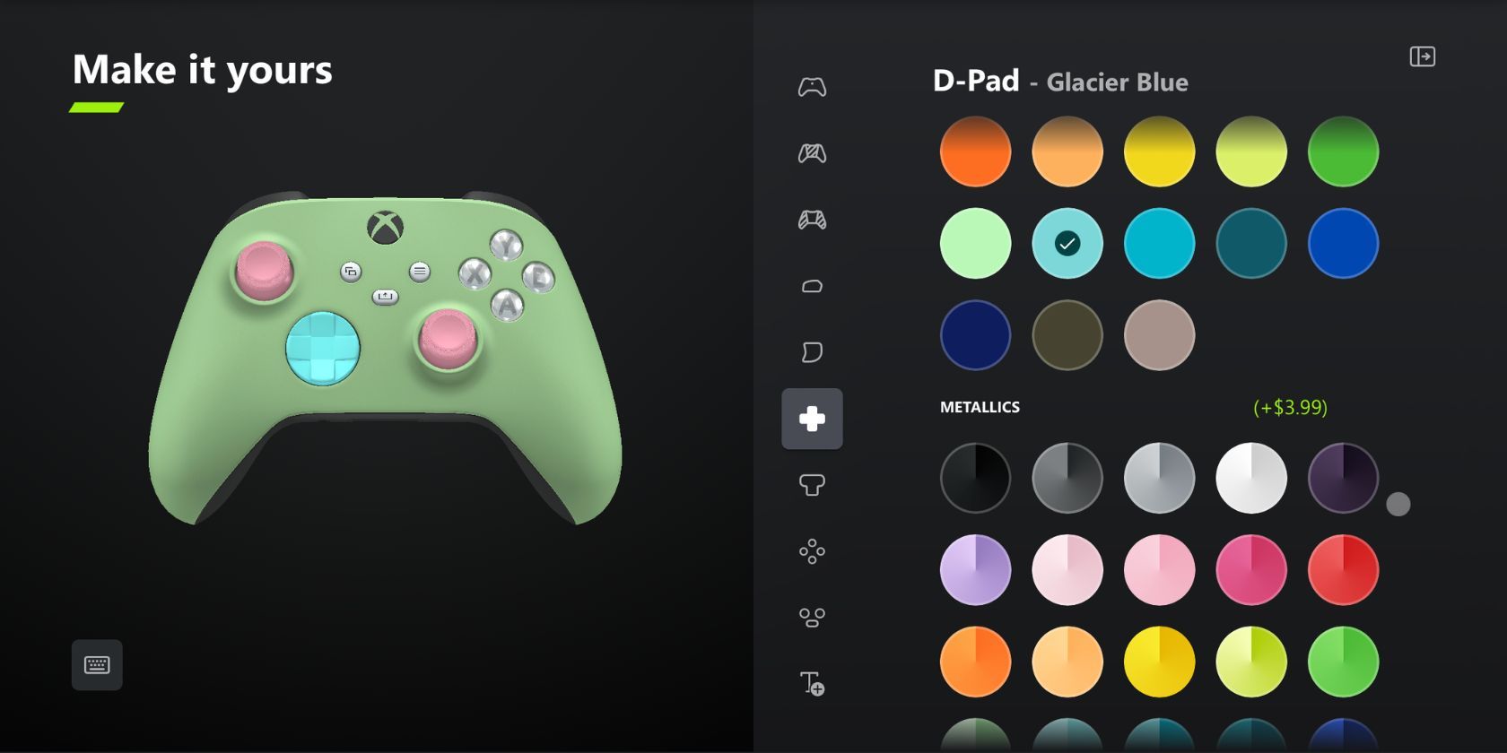 Opções de cores e metálicos do Xbox Design Lab