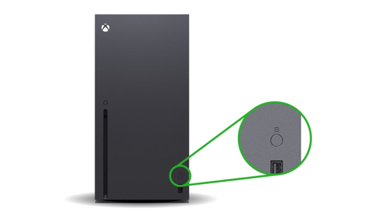 A promotional image highlighting the pair button on an Xbox Series X console 