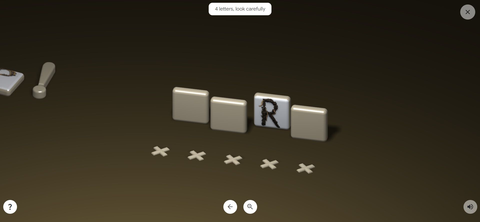 four tiles from the Google AI game XYZ Toy with the letter R revealed