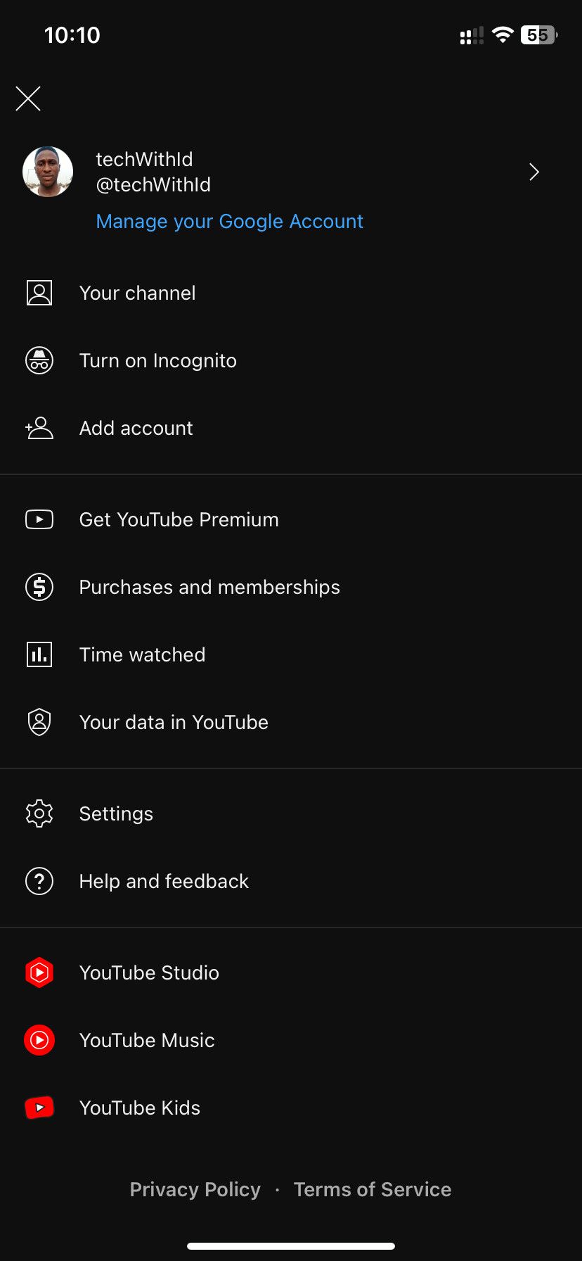YouTube channel option sidebar