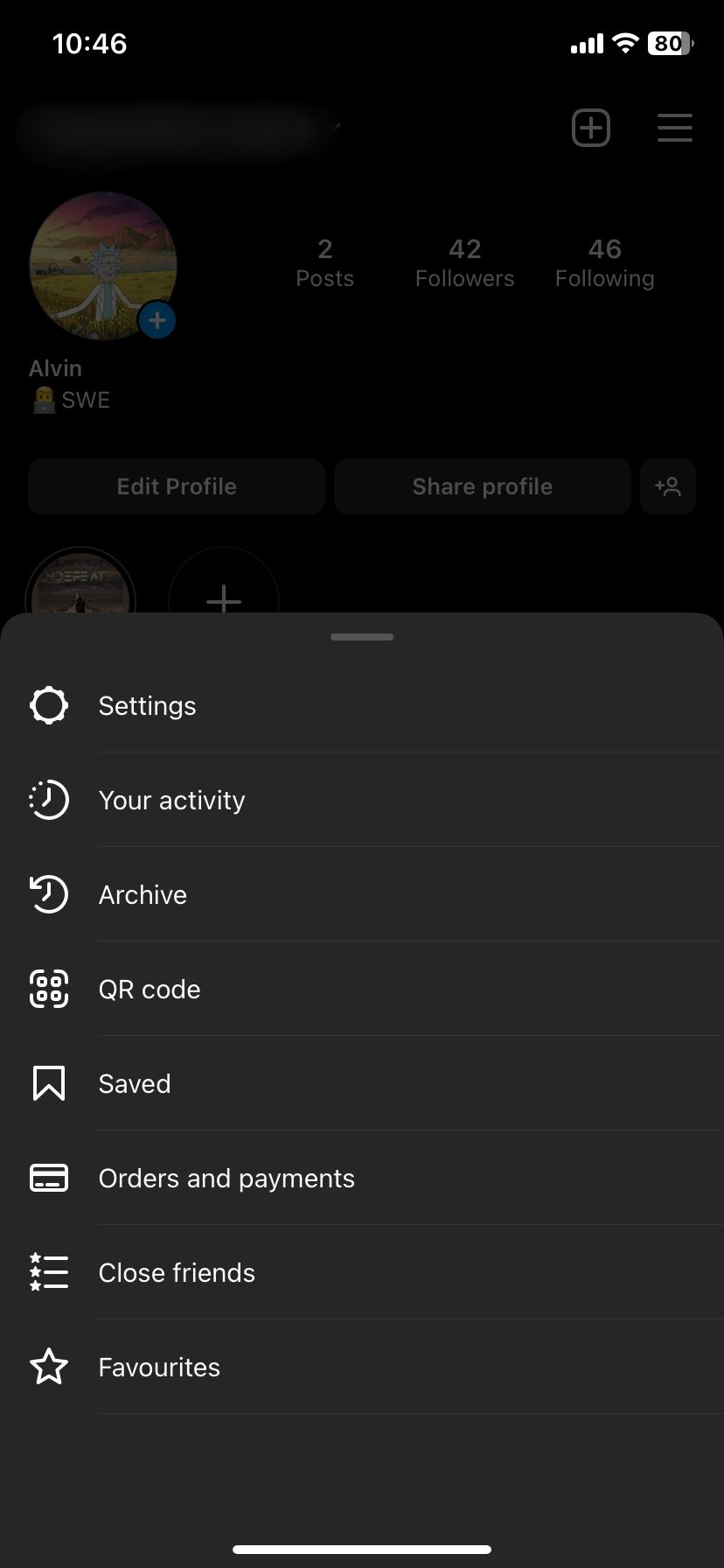 Instagram profile pop-up menu