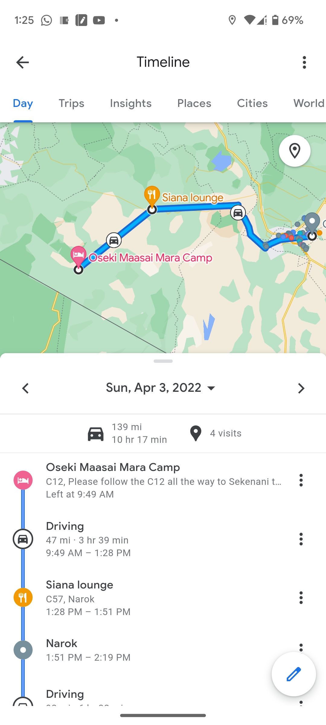 Google Maps' daily timeline view