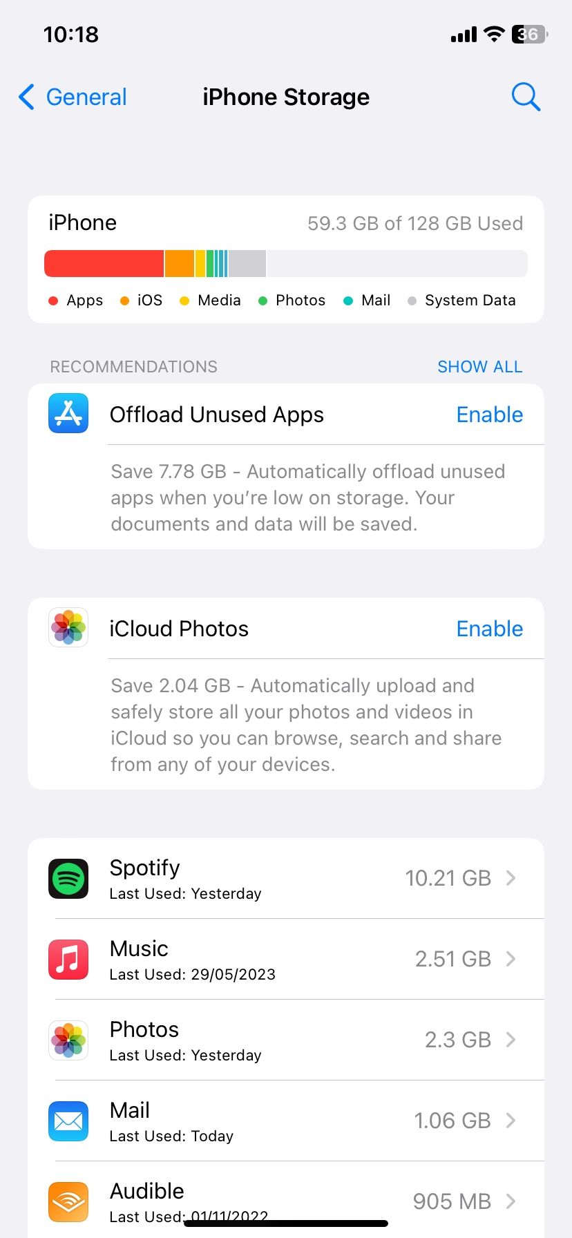 iPhone Storage management page in iOS