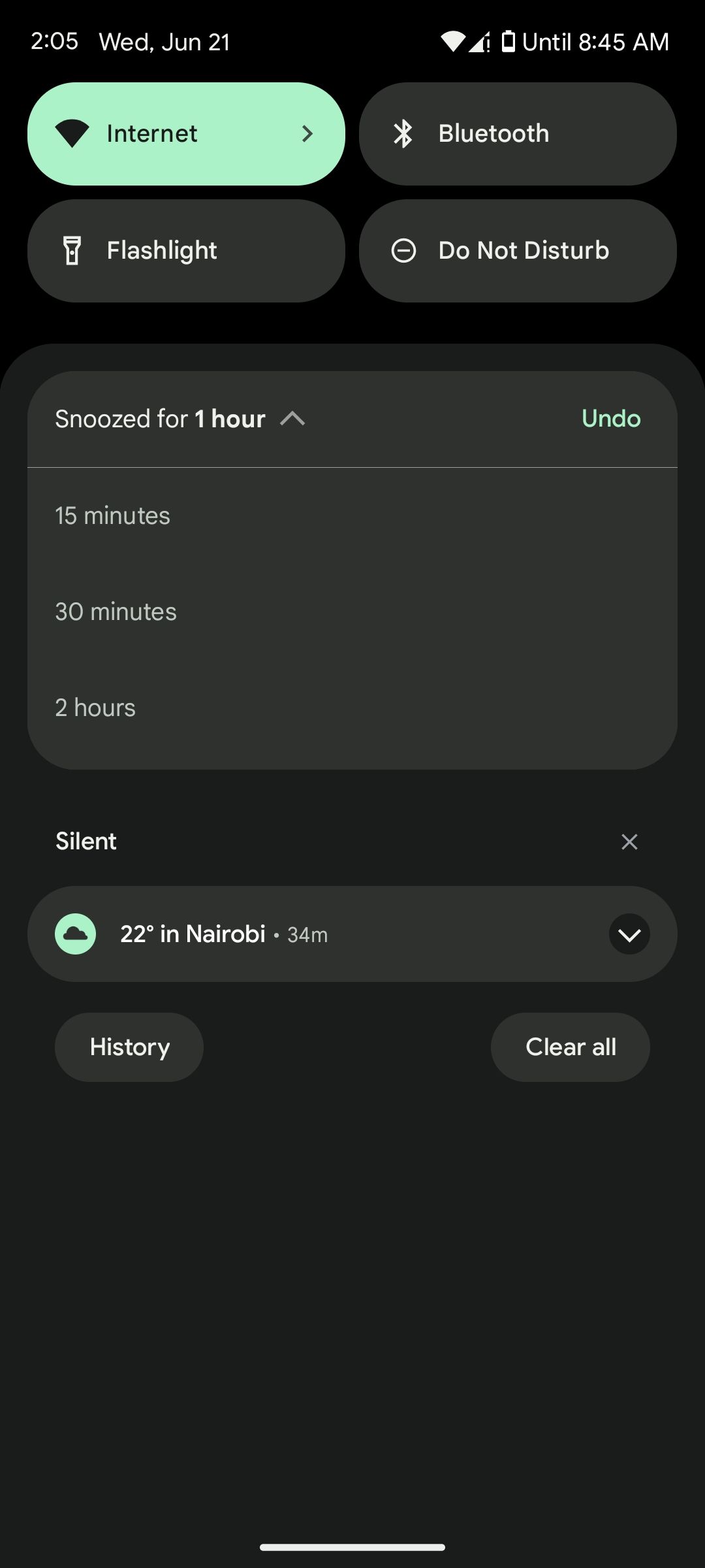 Android notification snooze period options