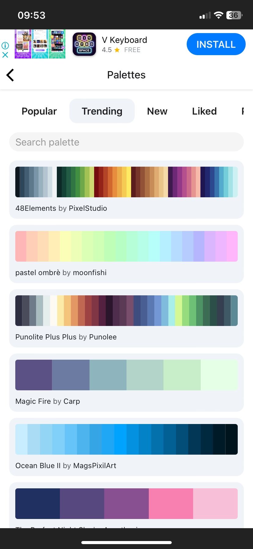 Ready-made color palettes in Pixilart