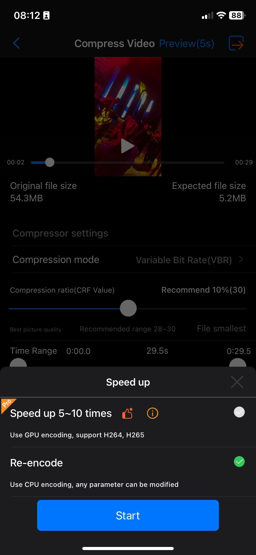 Compressing a video in Media Converter app