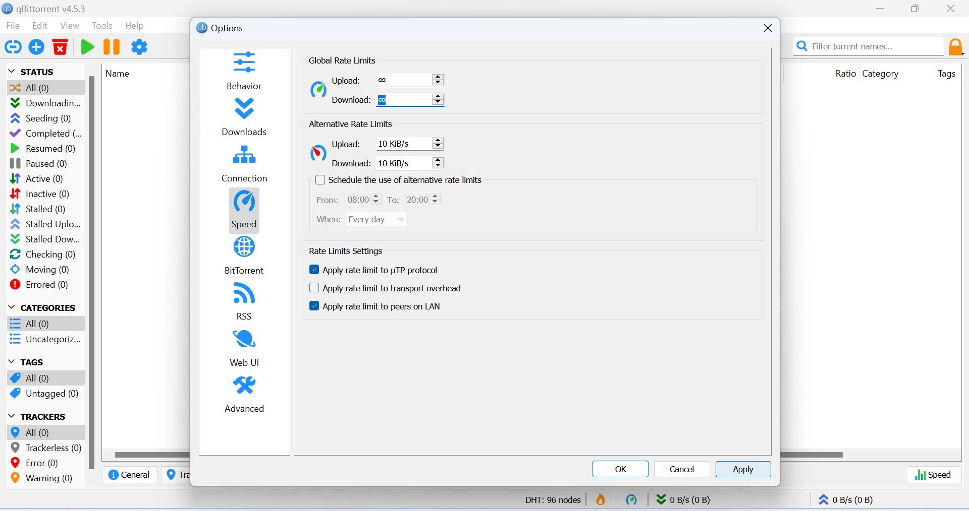 در تب Speed ​​پنجره تنظیمات در qBittorrent، محدودیت های آپلود و دانلود را به بی نهایت تنظیم کنید.