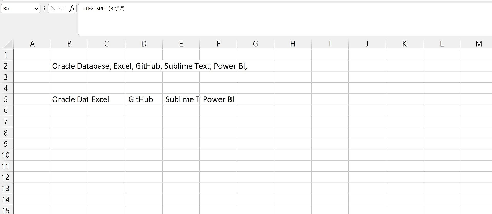 Danh sách phần mềm đang được sử dụng để trình bày cách sử dụng TEXTSPLIT trong Excel.