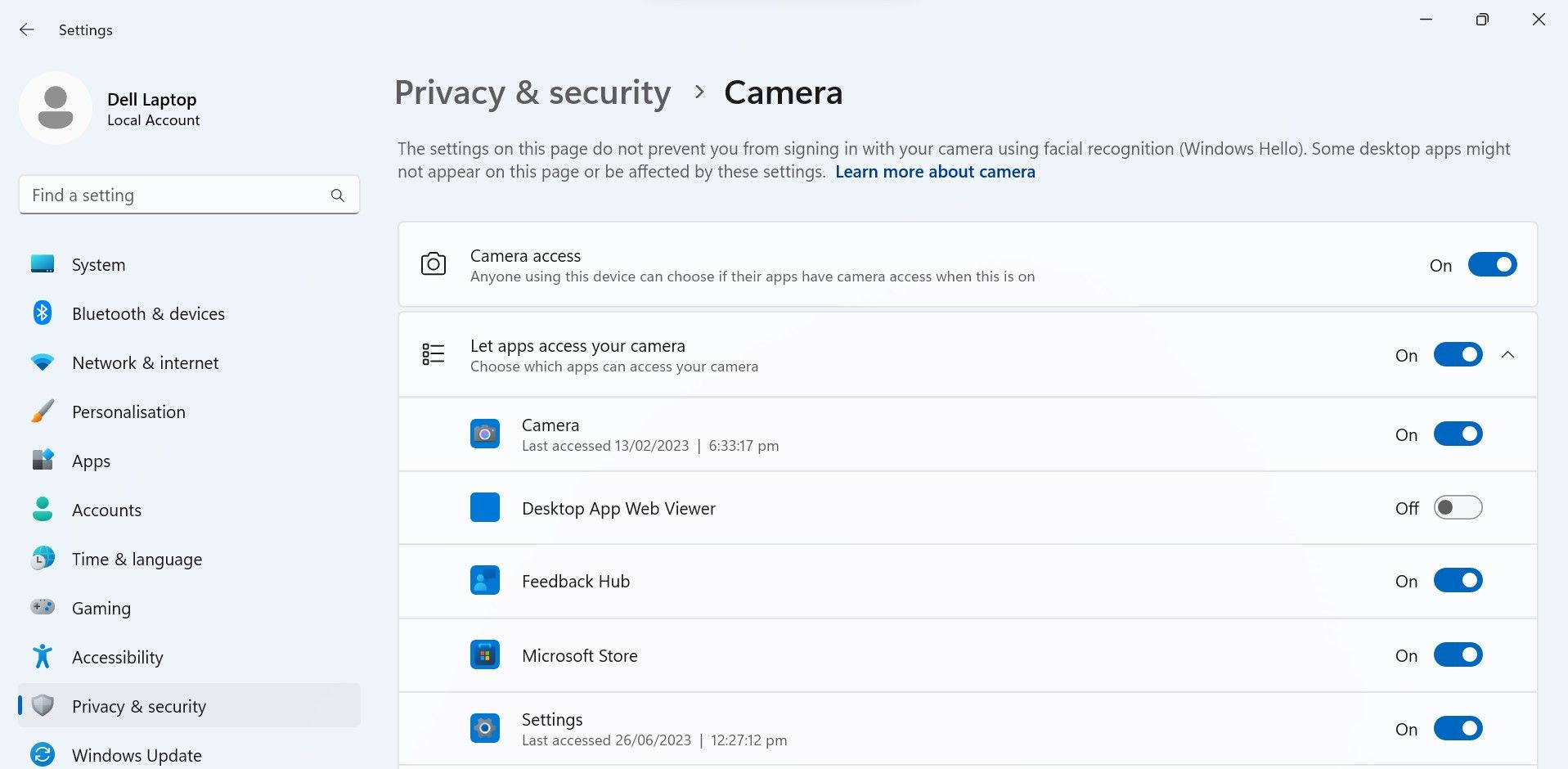 Enabling the cameraa access in the privacy and security tab of the Windows Settings 