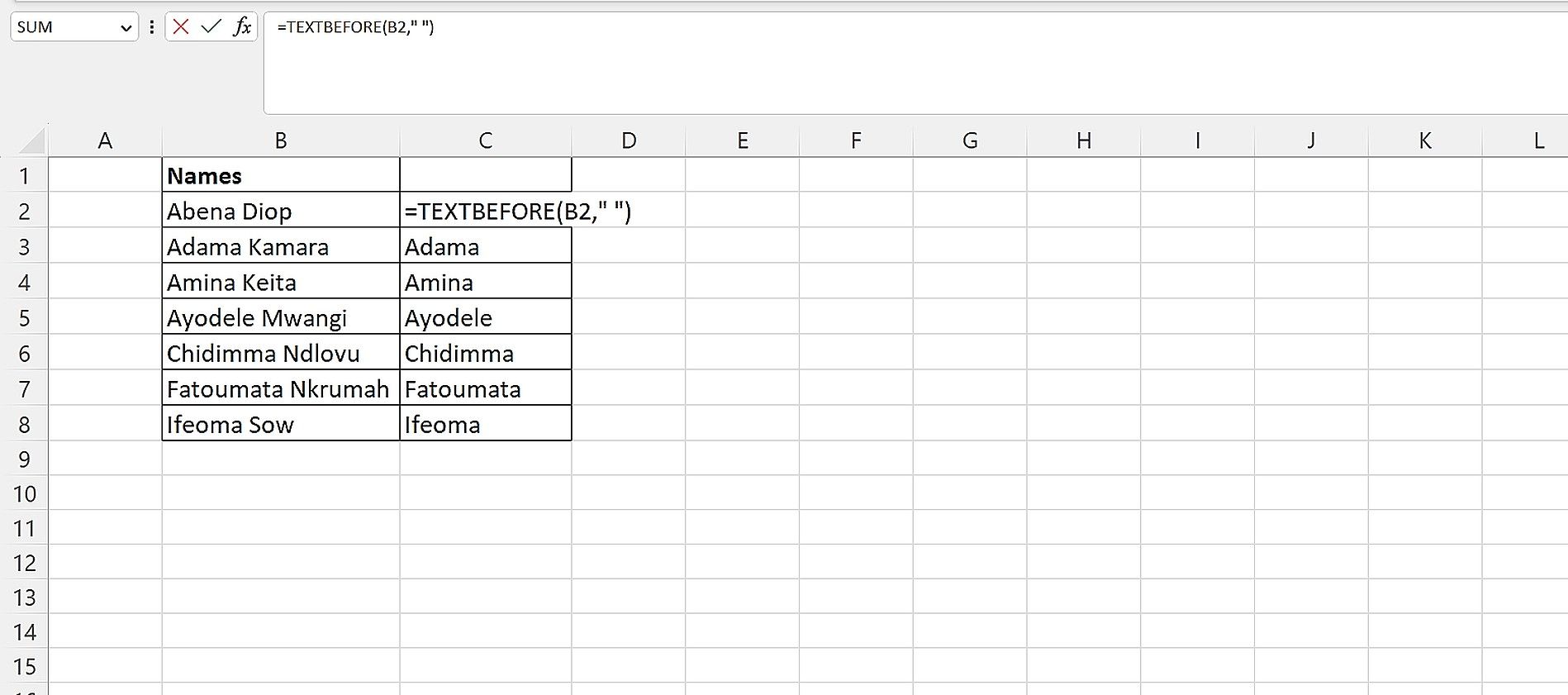 Một bảng tính sử dụng danh sách tên để hiển thị cách sử dụng hàm TEXTBEFORE của Excel