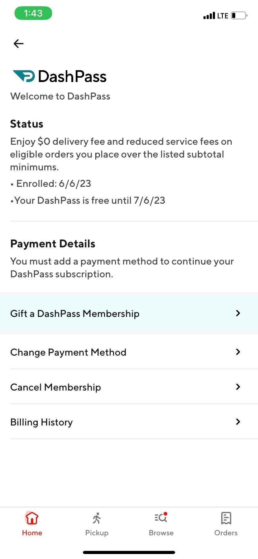 مشاهده تنظیمات dashpass در برنامه doordash