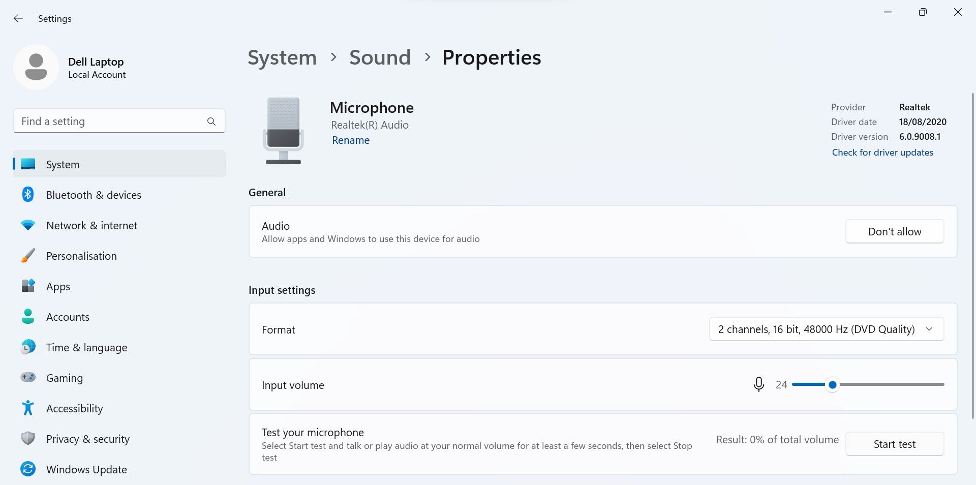 Running a microphone test on windows 11 