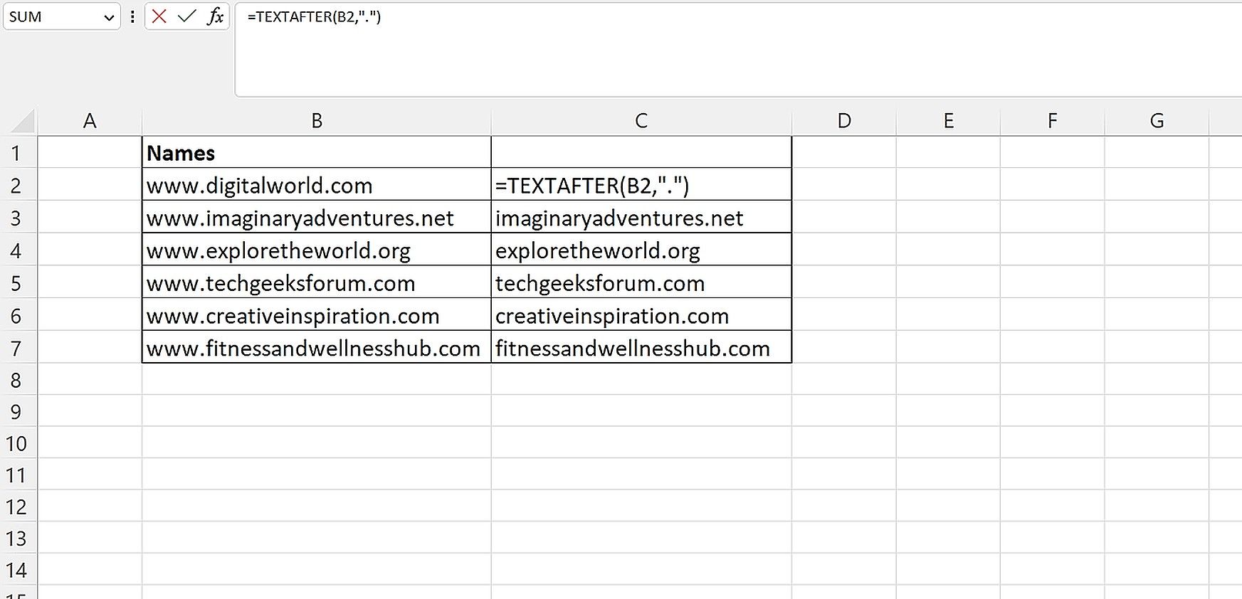 Một bảng tính sử dụng danh sách tên để hiển thị cách sử dụng hàm TEXTAFTER của Excel