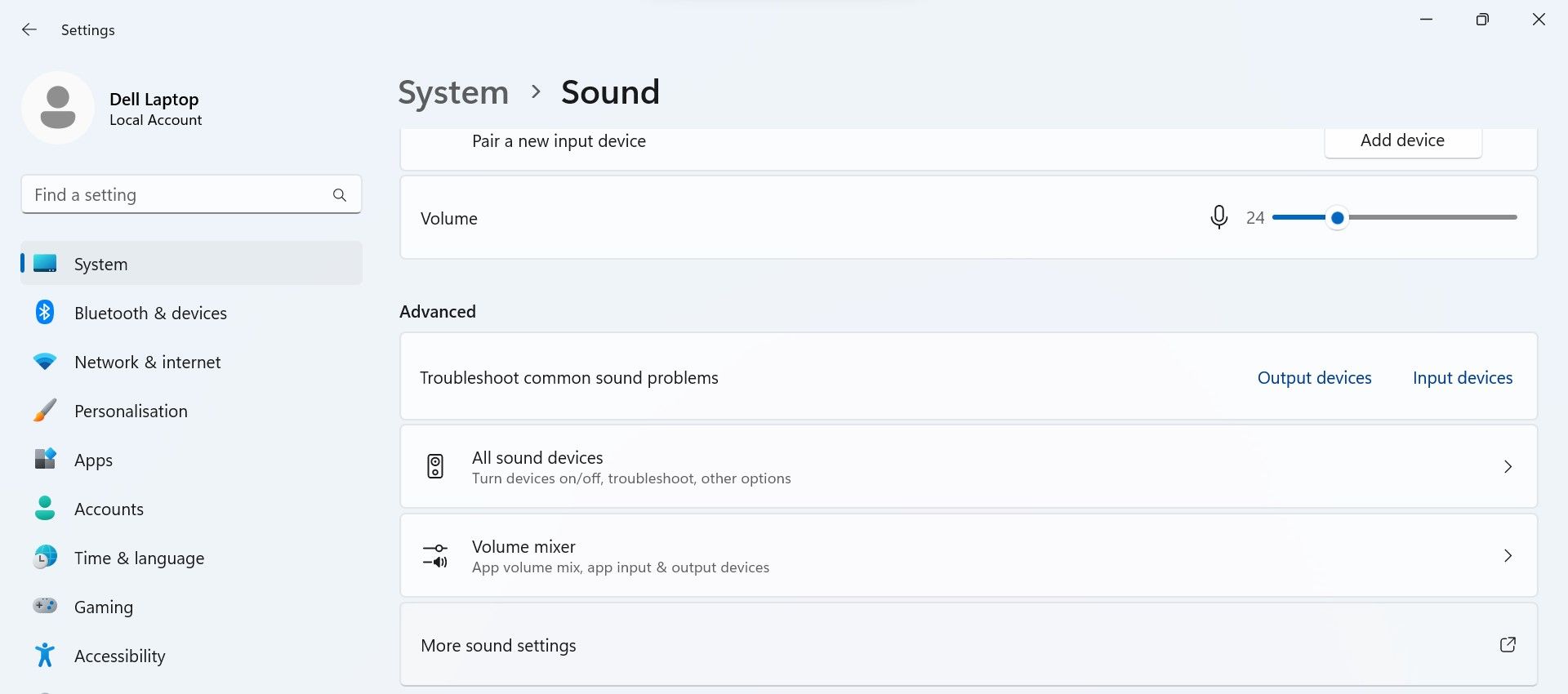 Opening the sound settings in the Windows Settings app