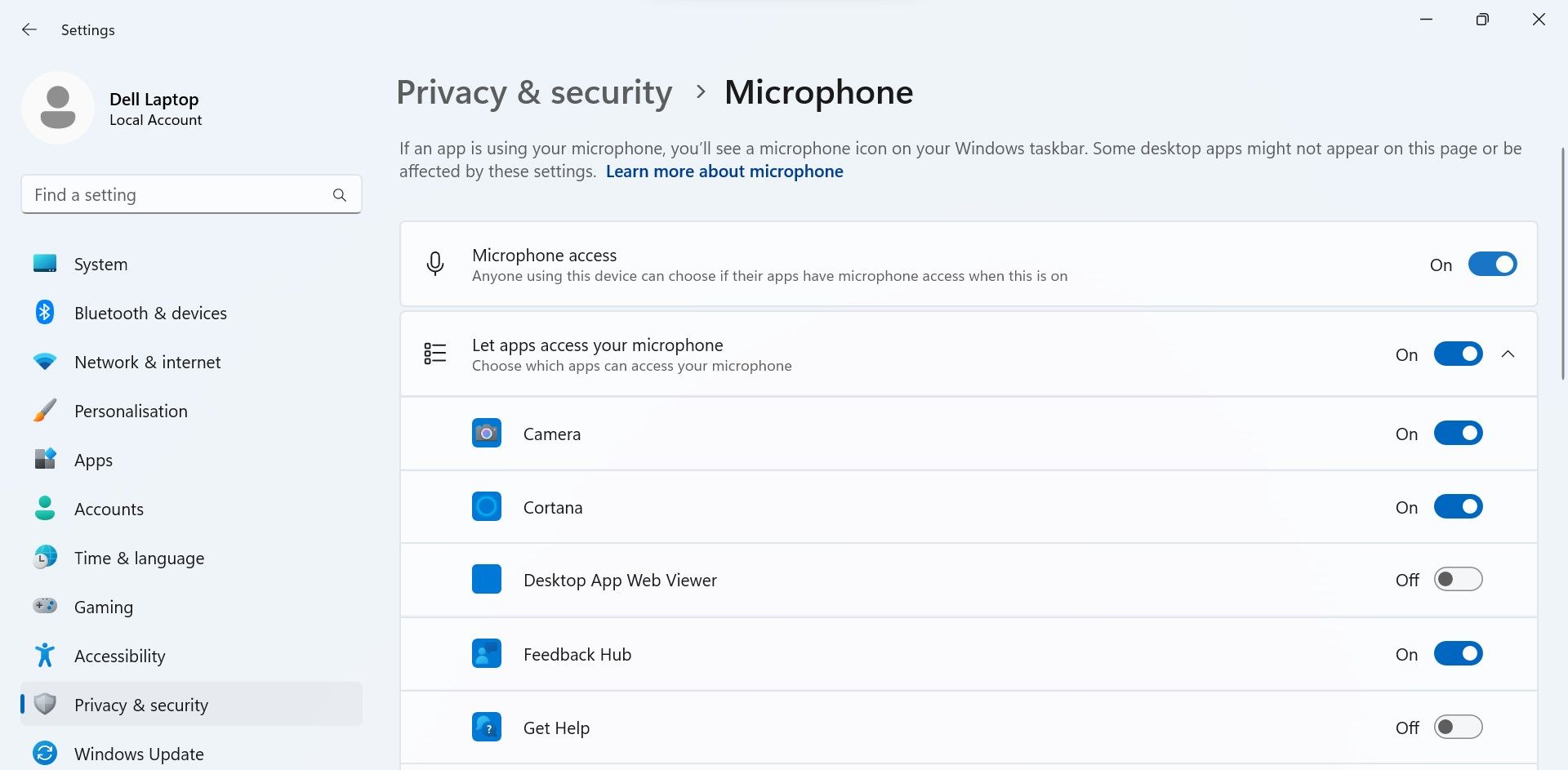 Turning on the Microphone Access in Windows Settings App