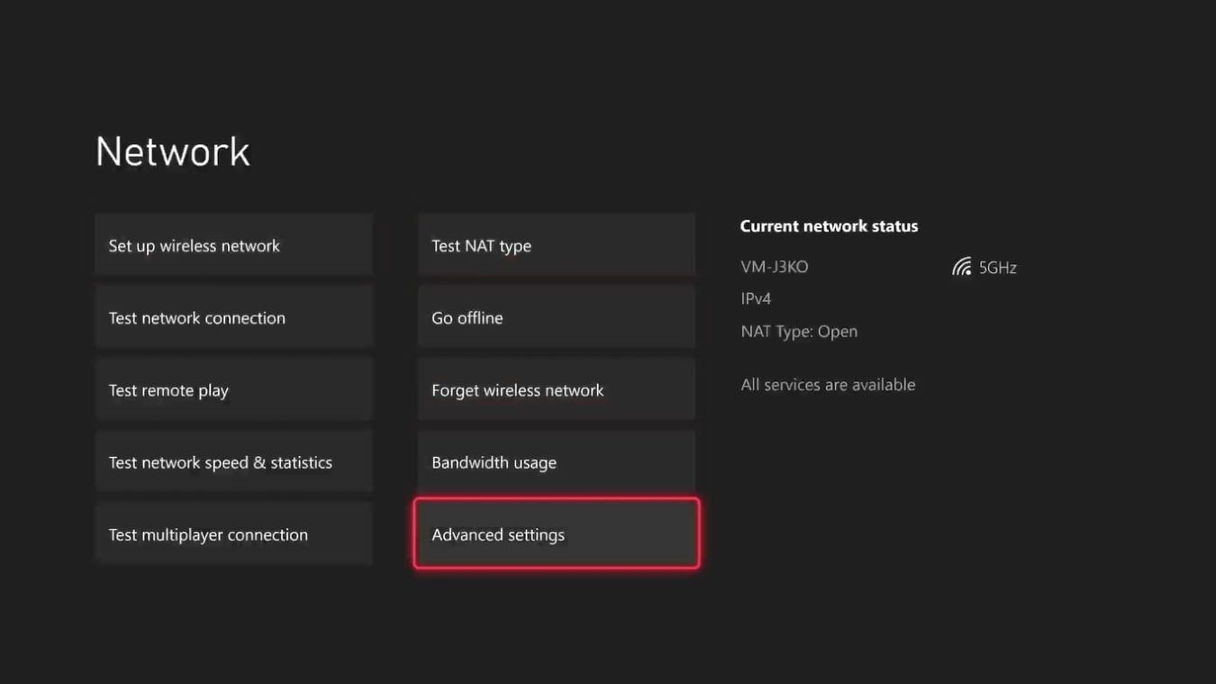 A screenshot of the Network Settings on Xbox Series X with Advanced Settings highlighted 