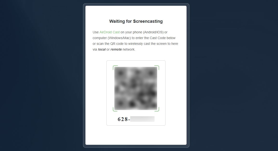 AirDroid casting code on screen