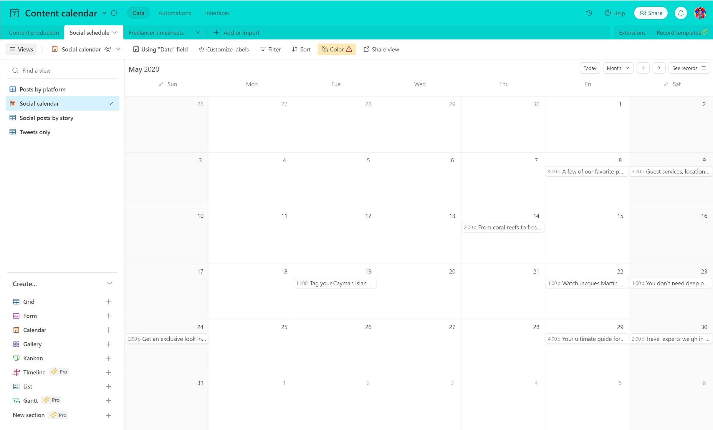 نمای تقویم در Airtable که زمان های ارسال برنامه ریزی شده را نشان می دهد، به عنوان مثالی از استفاده از Airtable به عنوان یک تقویم محتوا.