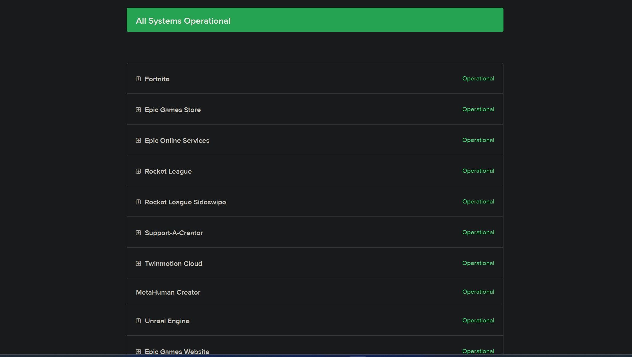 نمایش همه سیستم‌ها به‌عنوان عملیاتی در صفحه وضعیت Epic Games