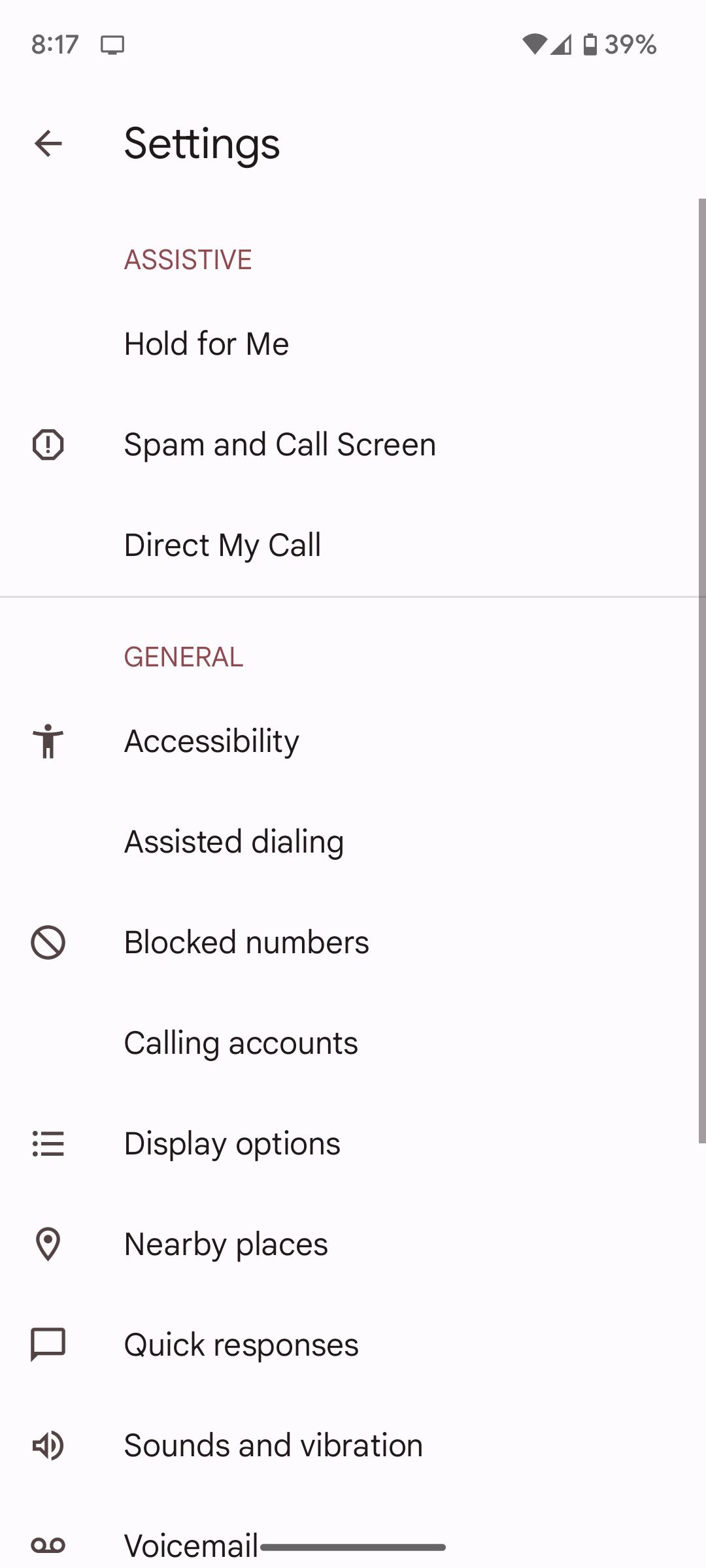 The settings in the Phone app on Android