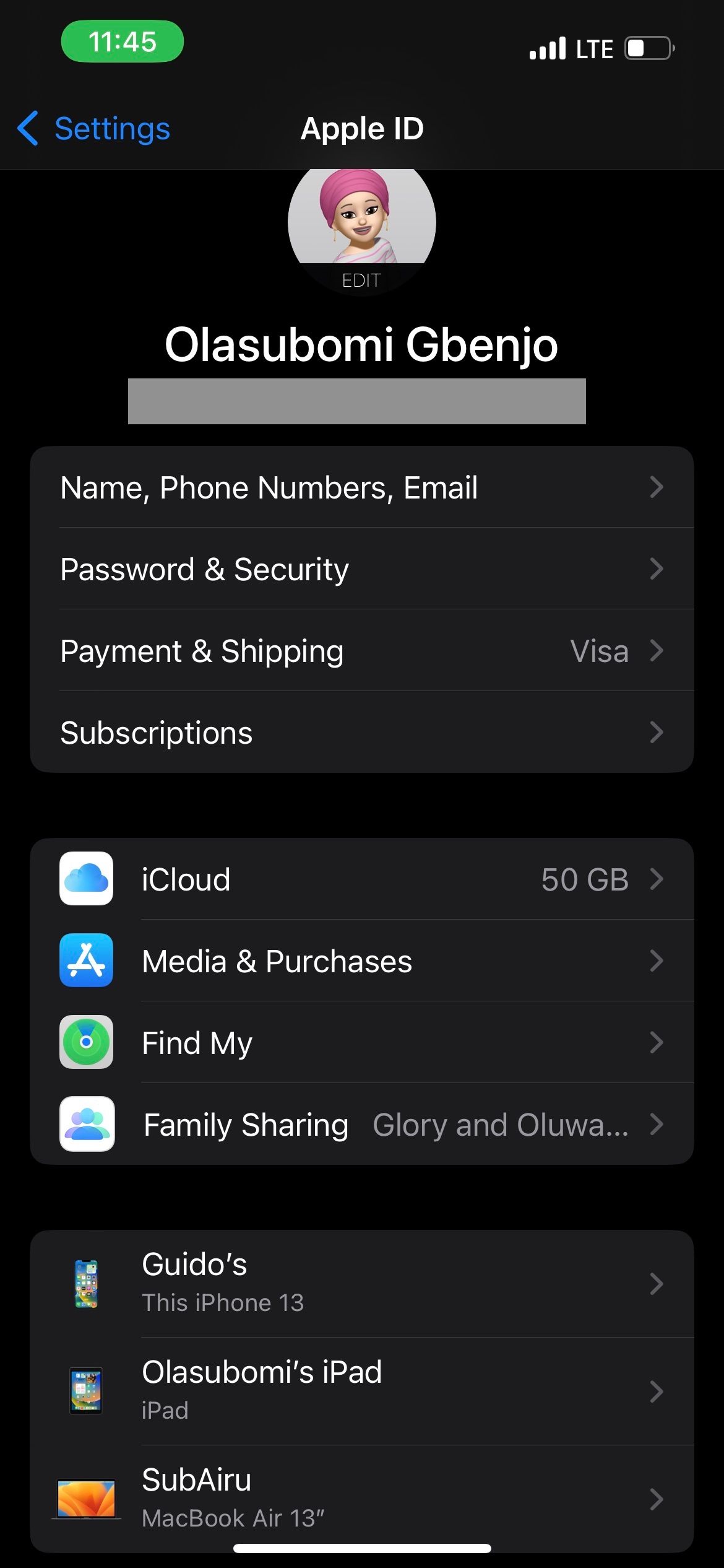 Apple ID menu on iOS