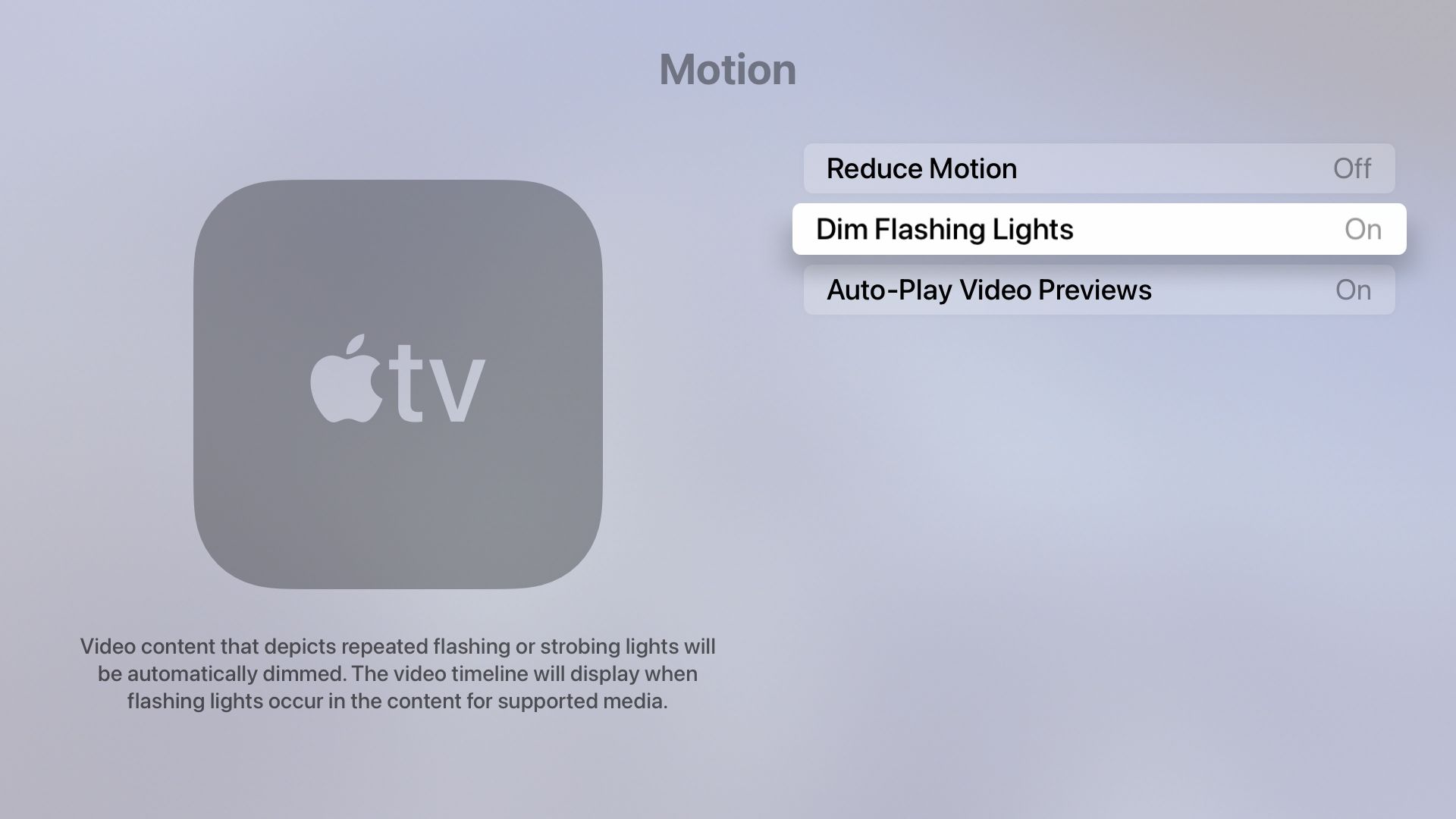 Đèn nhấp nháy mờ được bật trong ứng dụng Cài đặt của Apple TV
