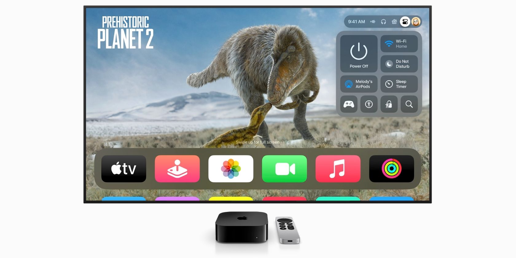 Centro de controle do tvOS 17 na Apple TV mostrando controles como Wi-Fi, DND, Sleep Timer e modo de jogo