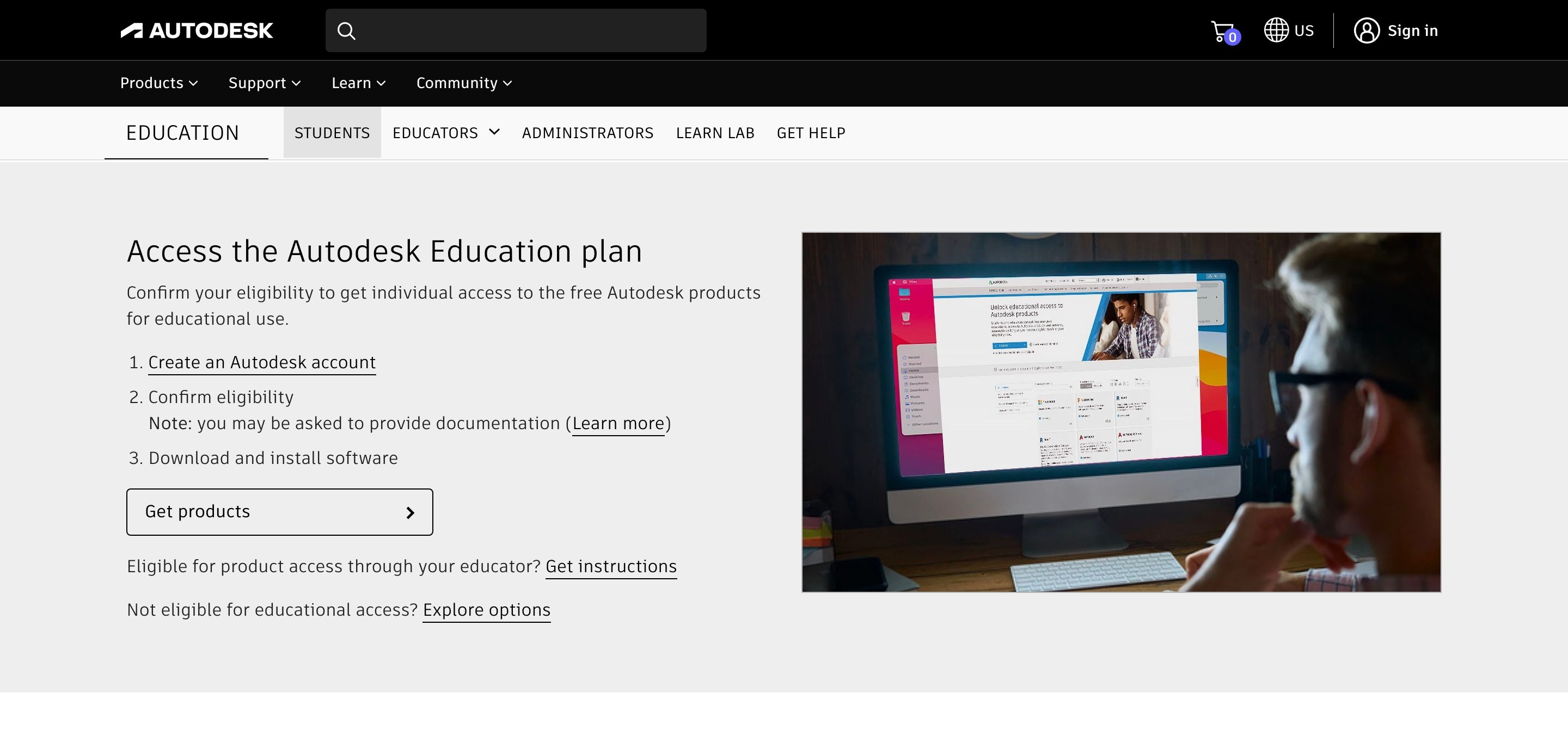 Autodesk website showing education plans