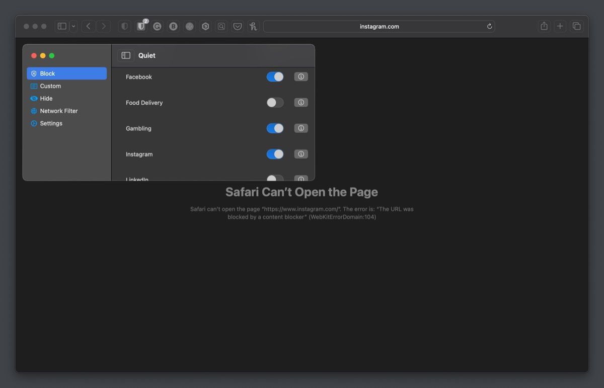 blocking websites in Safari using the Quiet! extension