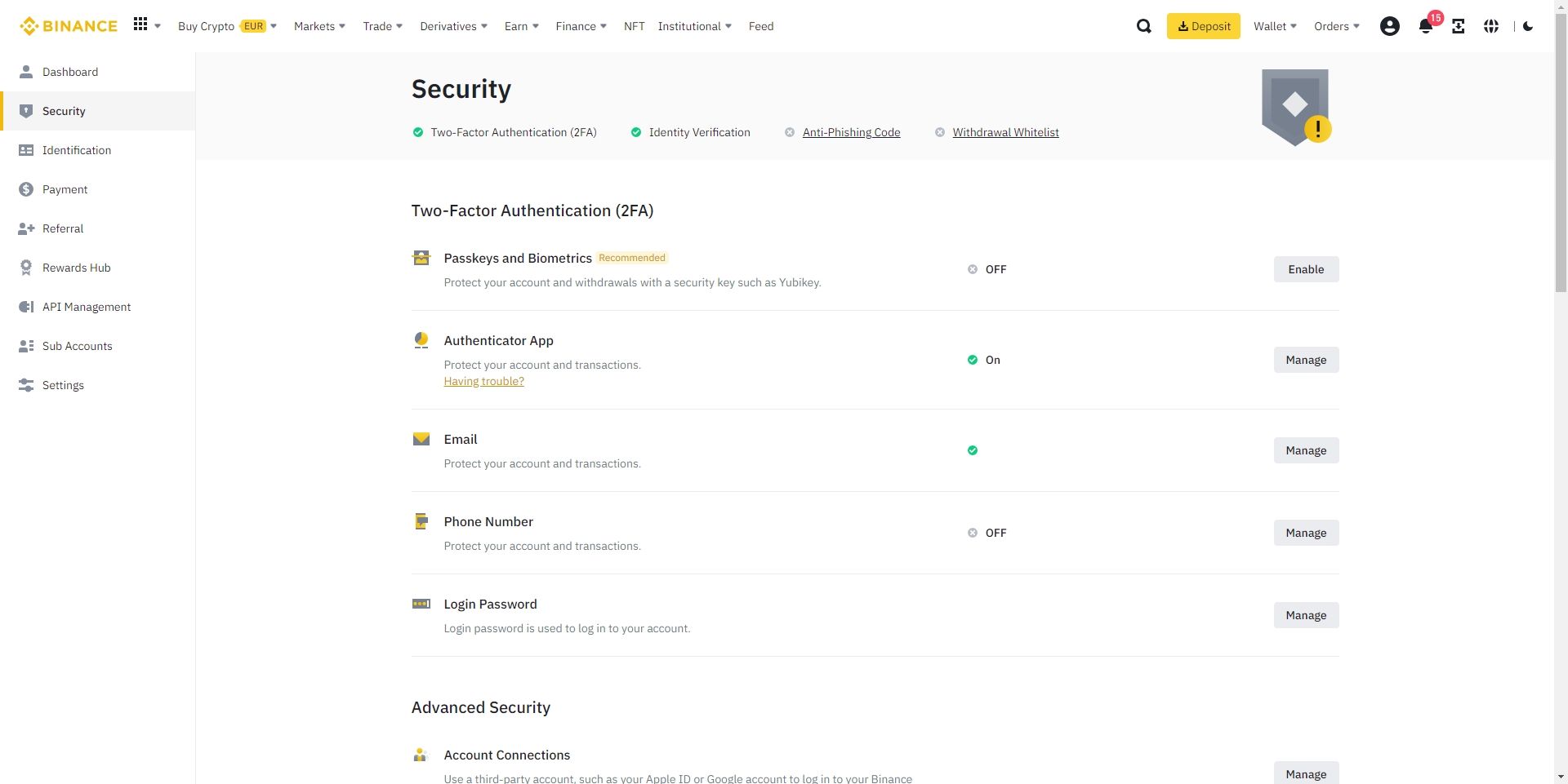binance security settings and options