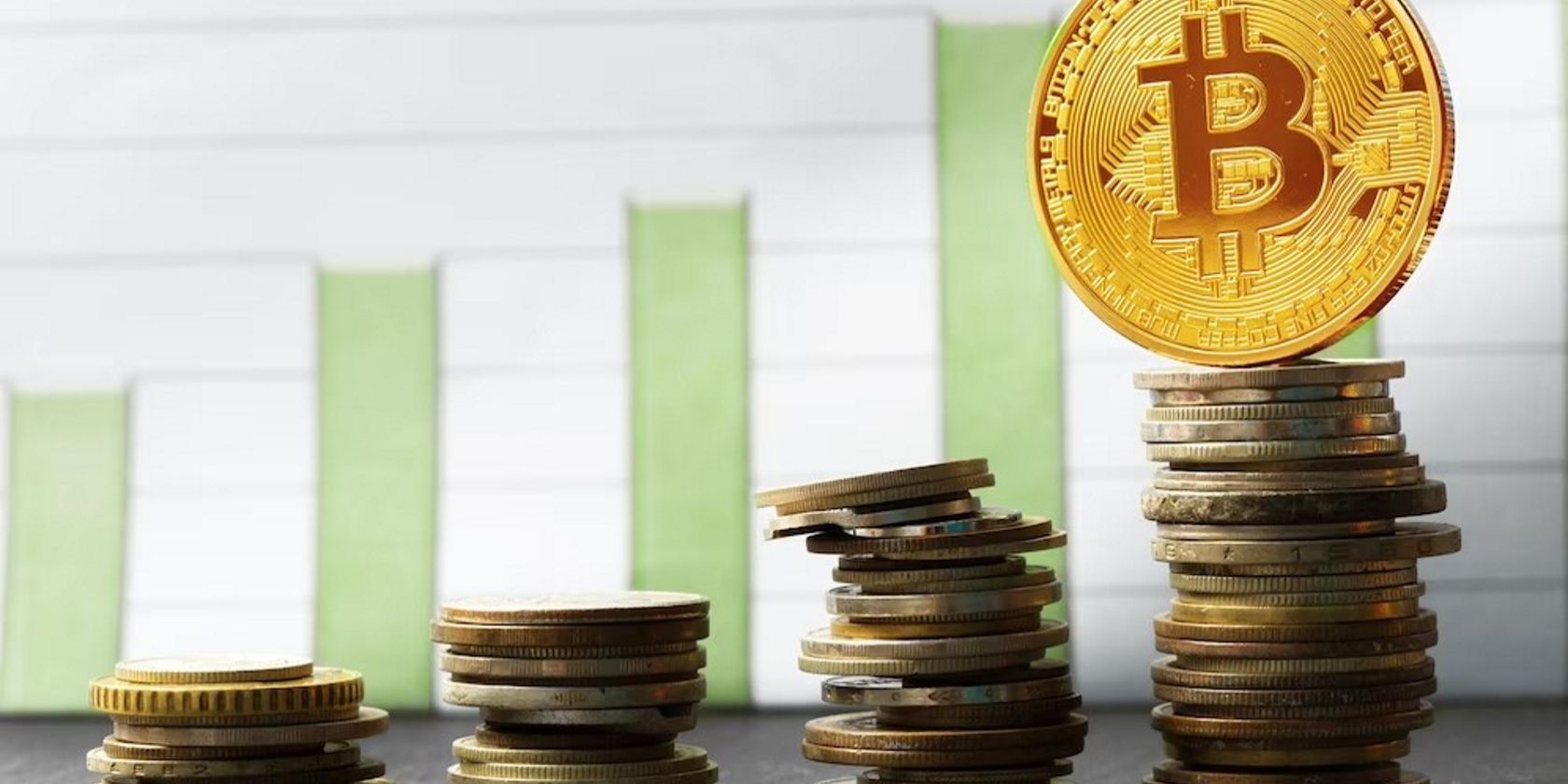 Bitcoin and cryptocurrencies stacked in four piles
