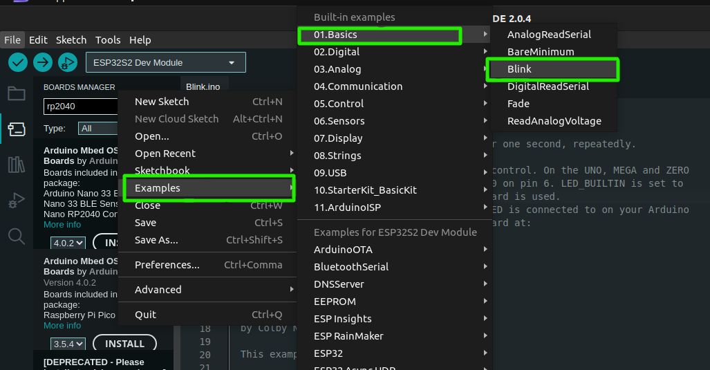 مثال چشمک زدن در Arduino IDE