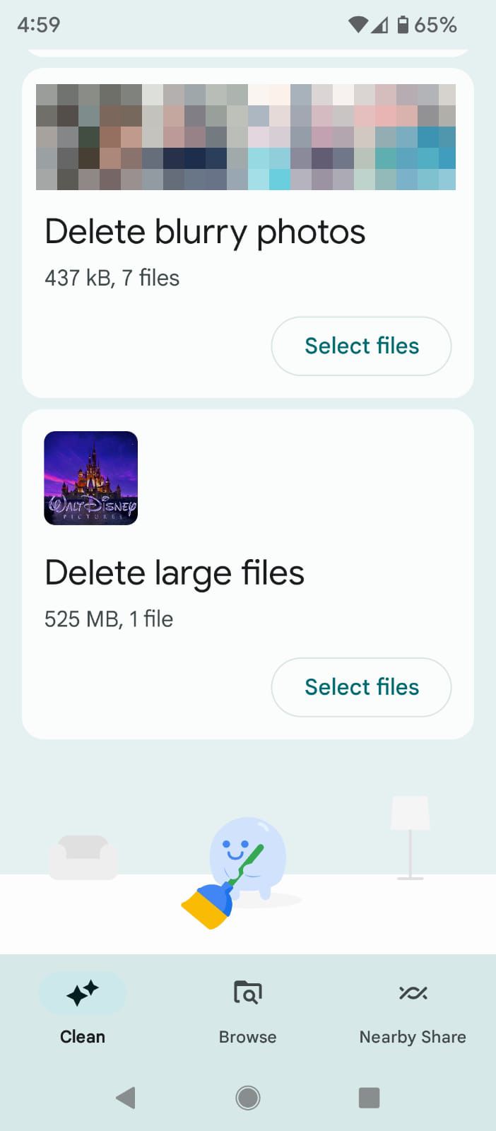 Blurry Files and Large Files Options in Files by Google Clean Tab