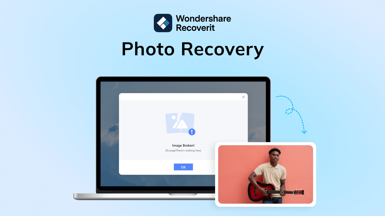 یک تصویر شکسته با استفاده از ابزار بازیابی اطلاعات Wondershare Recoverit بازیابی می شود